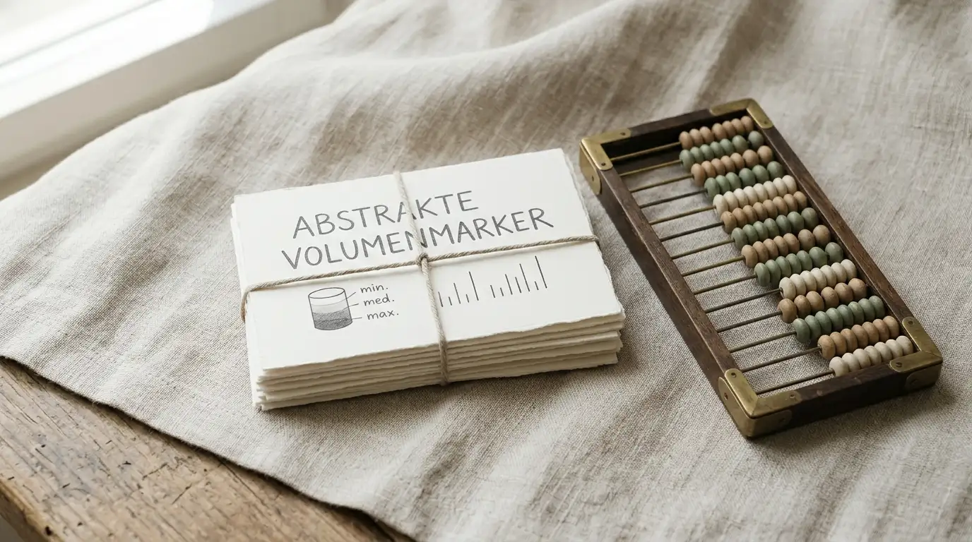 Redaktionelle Stilleben-Komposition mit verschachtelten Papierkarten und kleinen Münzstapeln, neutraler Hintergrund