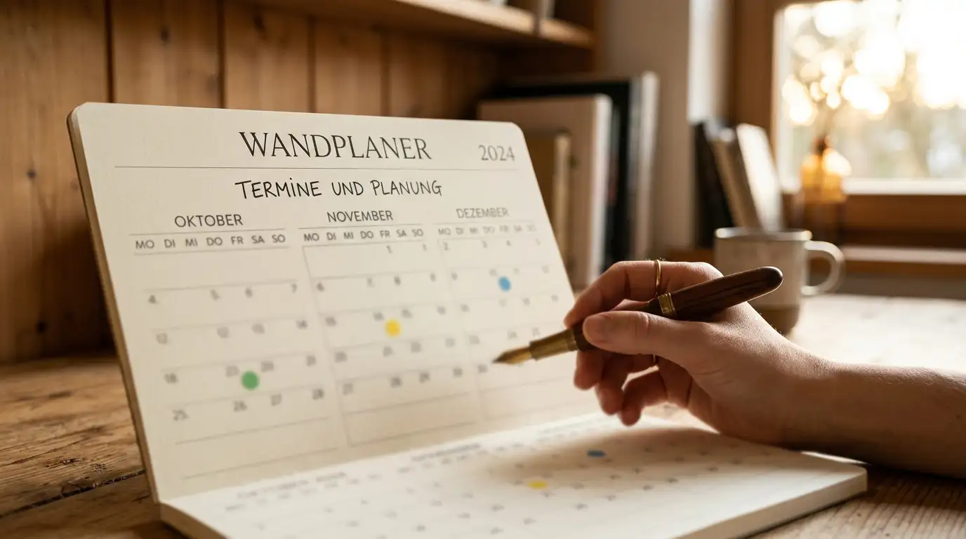 Hand mit Kugelschreiber über einem Wandkalender, der einen Zeitraum von rund drei Monaten markiert