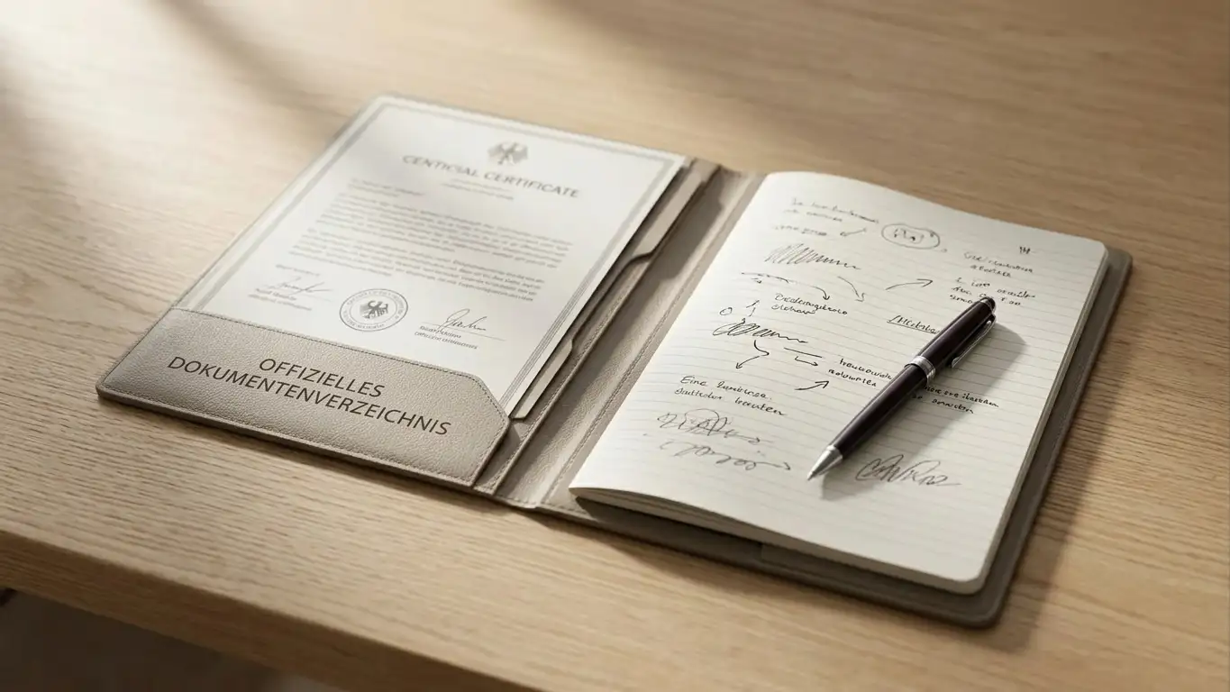 Offizielle Urkunde neben einem Notizbuch mit handschriftlicher Notiz zum Fristbeginn