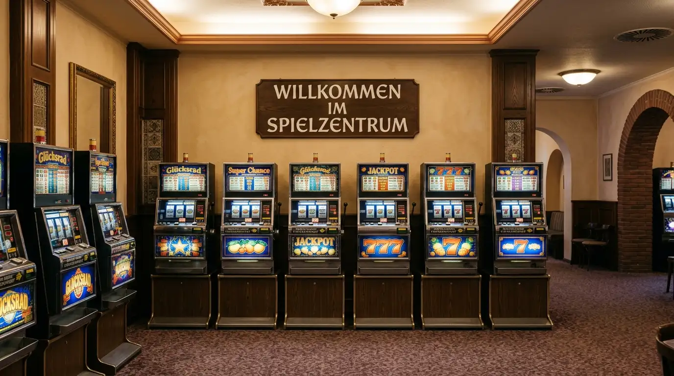 Spielothek mit Spielautomaten und gedämpftem Licht als Sinnbild für GGL-regulierte Spielstätte