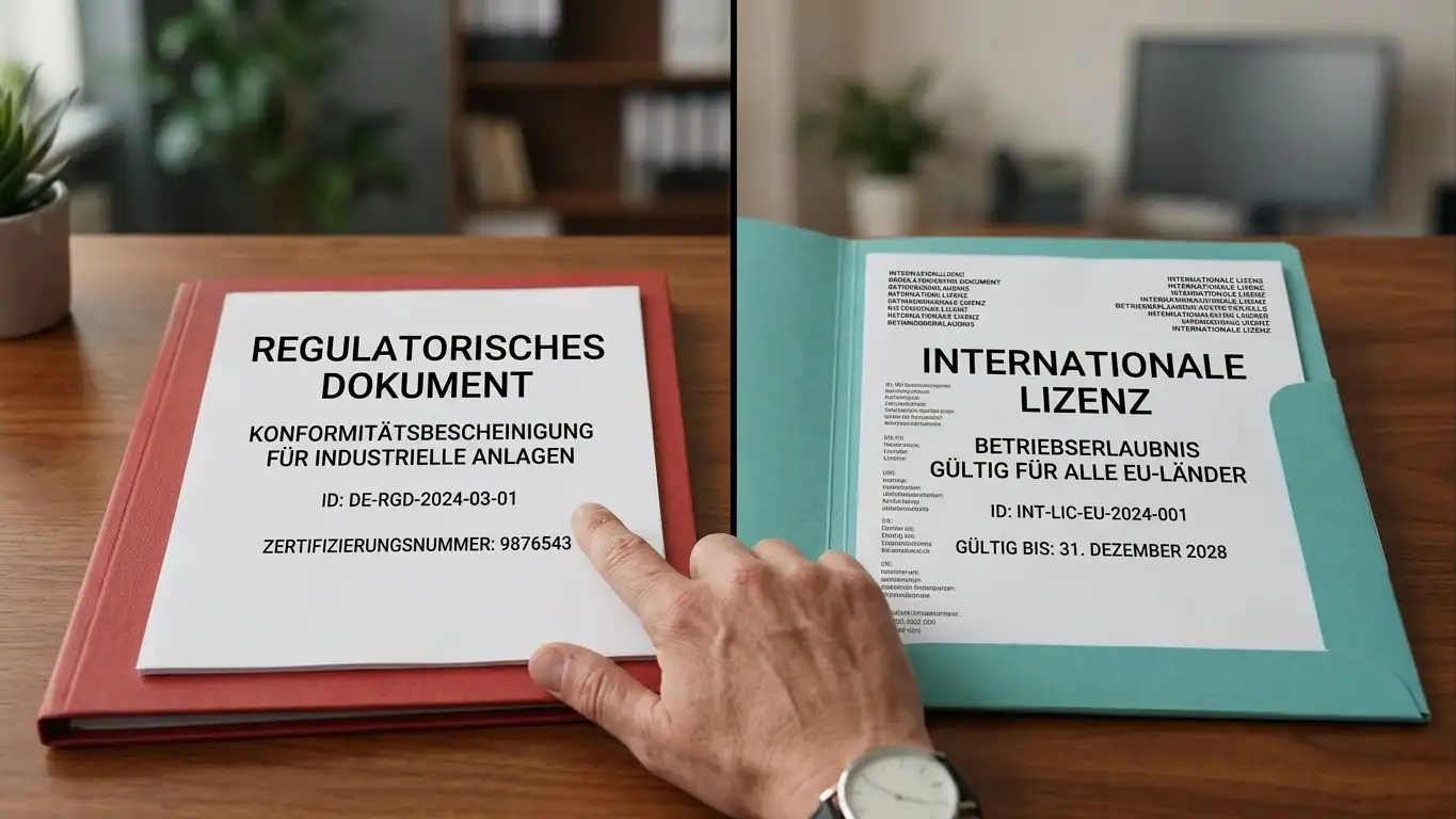 Geteilte Schreibtischszene mit deutschem Regelwerk und internationalem Lizenzdokument