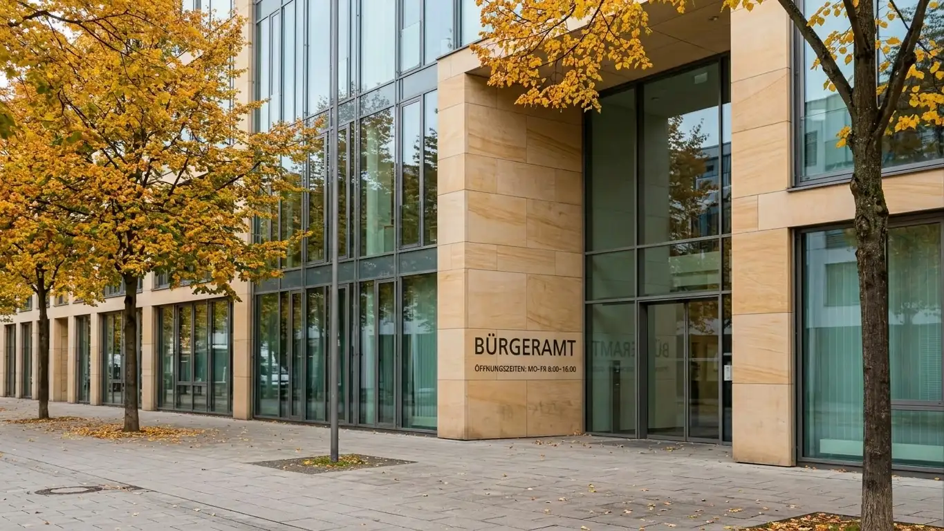 Deutsches Behördengebäude mit diskreter Glasfassade, herbstliche Bäume davor, keine Fahne, keine Polizei, keine Aufschrift