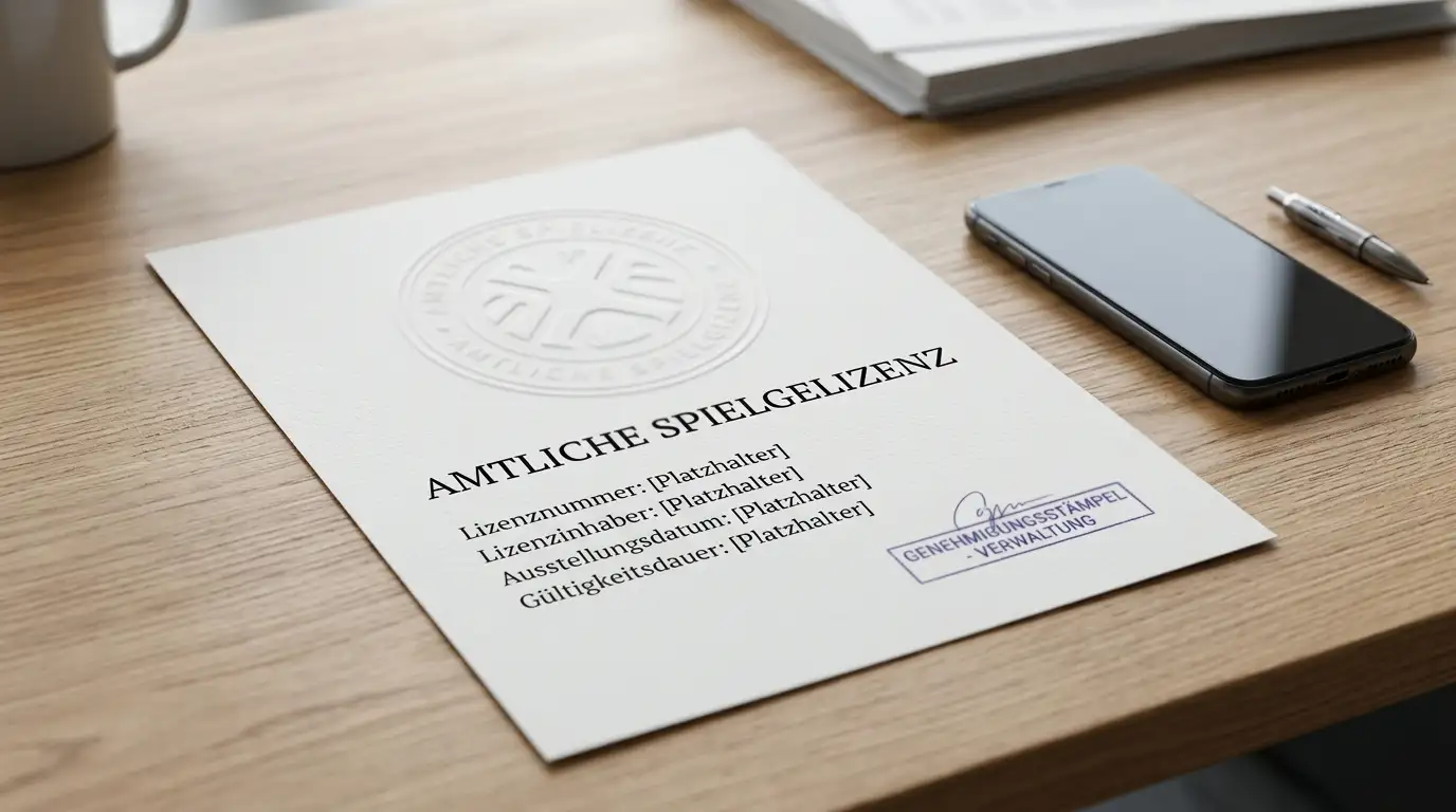 Offizielles Lizenzdokument mit Siegel neben Smartphone auf Holztisch