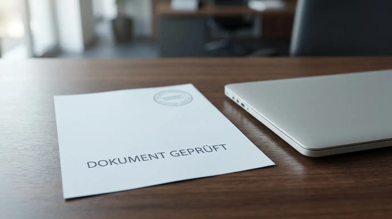 Amtliches Lizenzdokument mit Stempel neben einem Laptop als Sinnbild für die deutsche Glücksspielregulierung