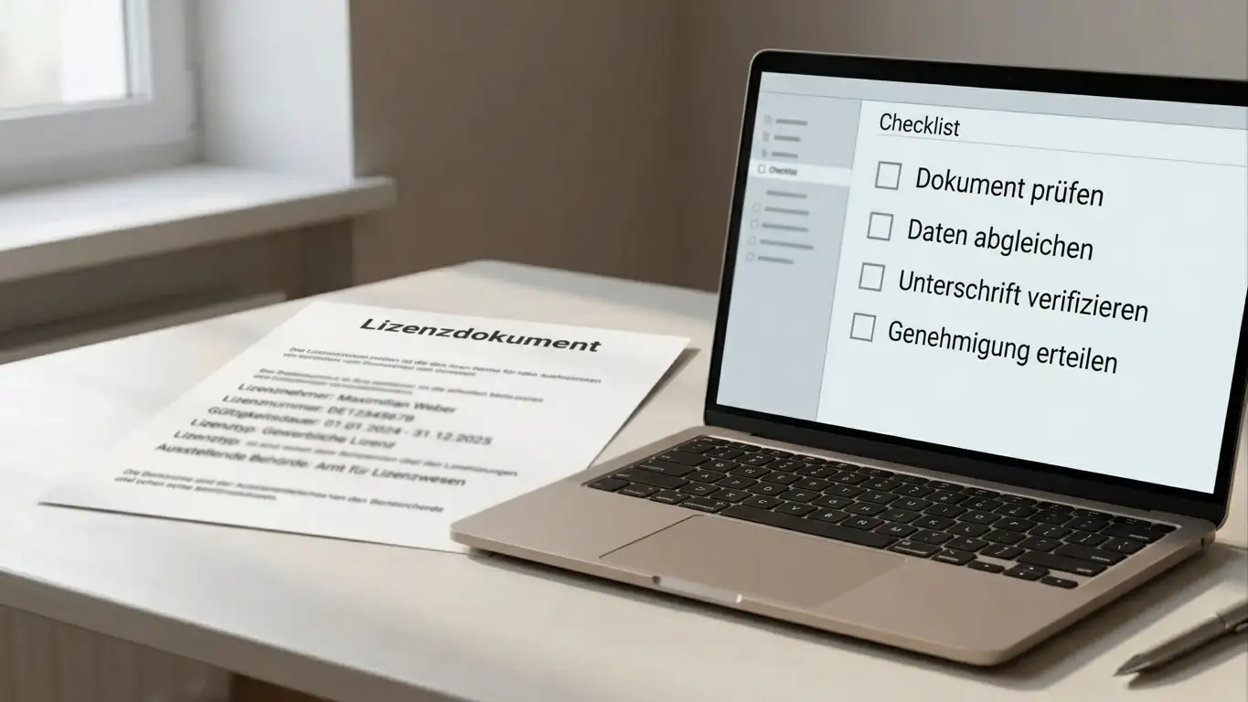 Neutrales Lizenzdokument ohne Wappen neben einem Laptop mit geöffneter Prüfliste