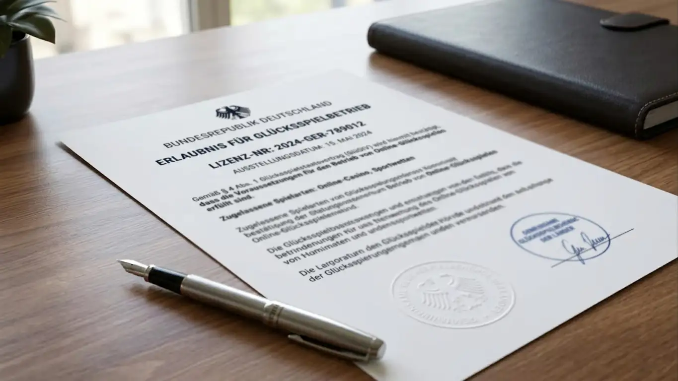 Offizielles GGL-Lizenzdokument mit Stempel auf einem Schreibtisch