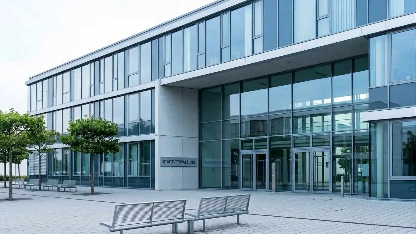 Glasfassade einer Behörde mit neutralem Schild und leerem Vorplatz