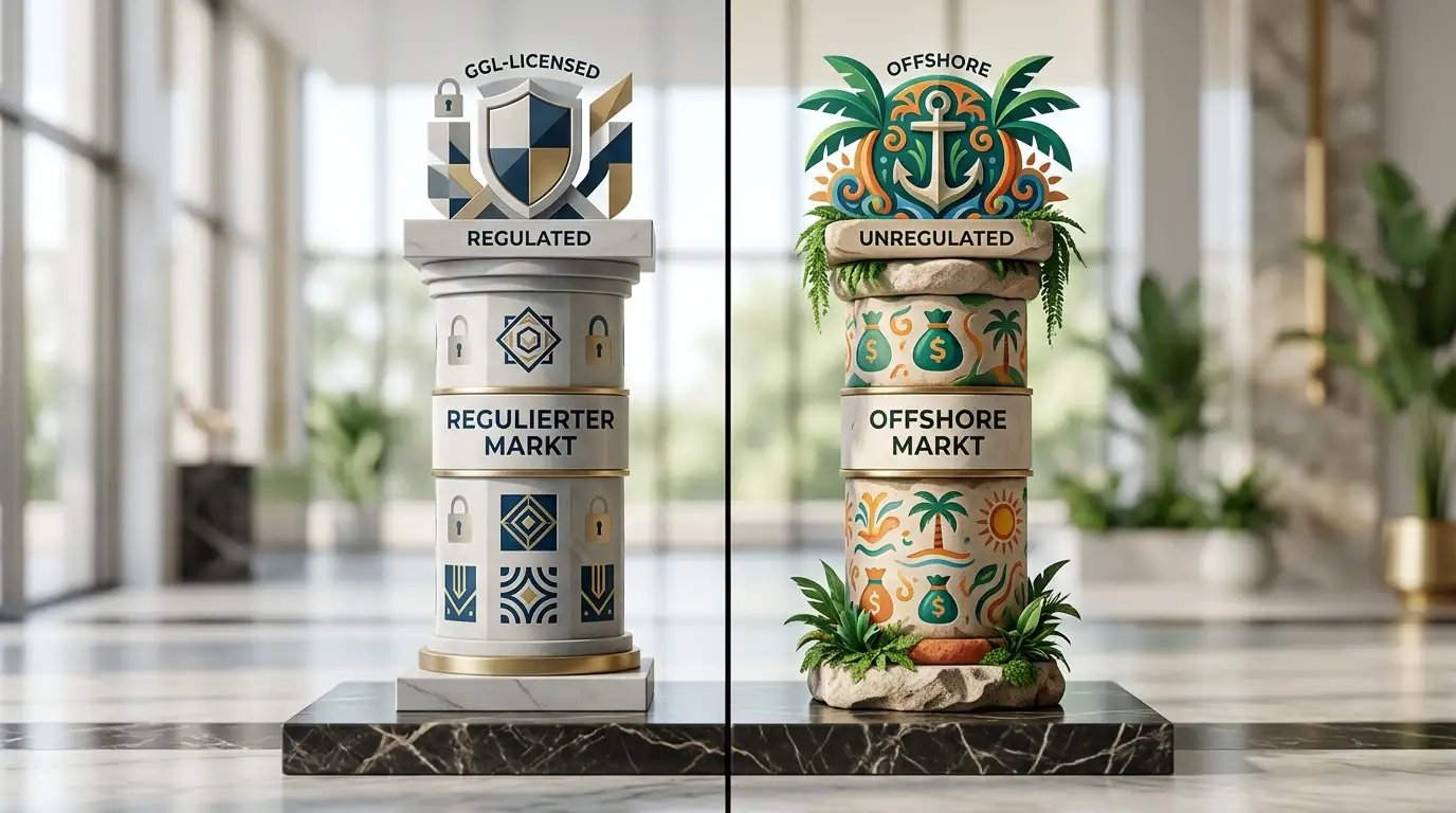 Stilisierte Säulen mit GGL-Wappen versus Offshore-Markt-Säulen