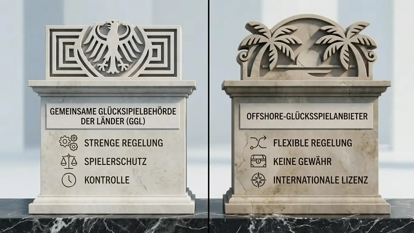 Stilisierte Säulen mit GGL-Wappen versus Offshore-Markt-Säulen