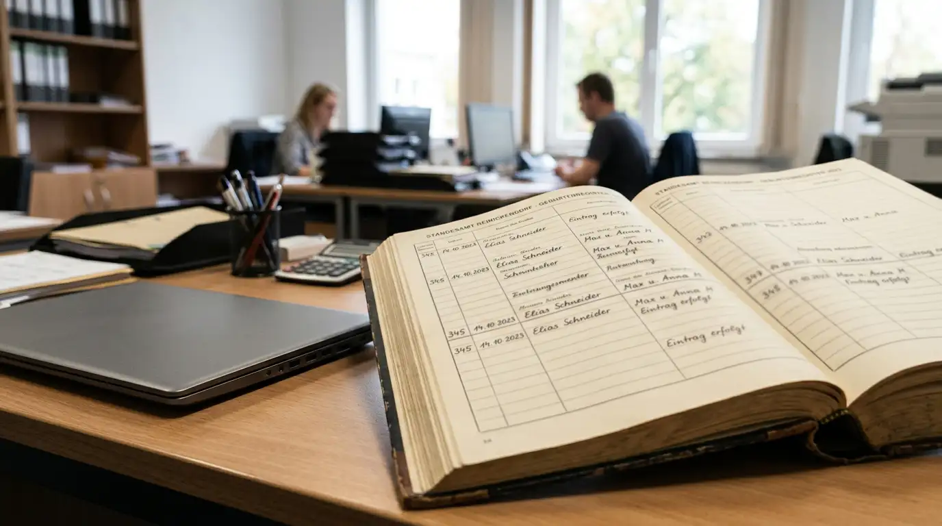Neutrale Behördentafel neben einem geöffneten Registerdokument