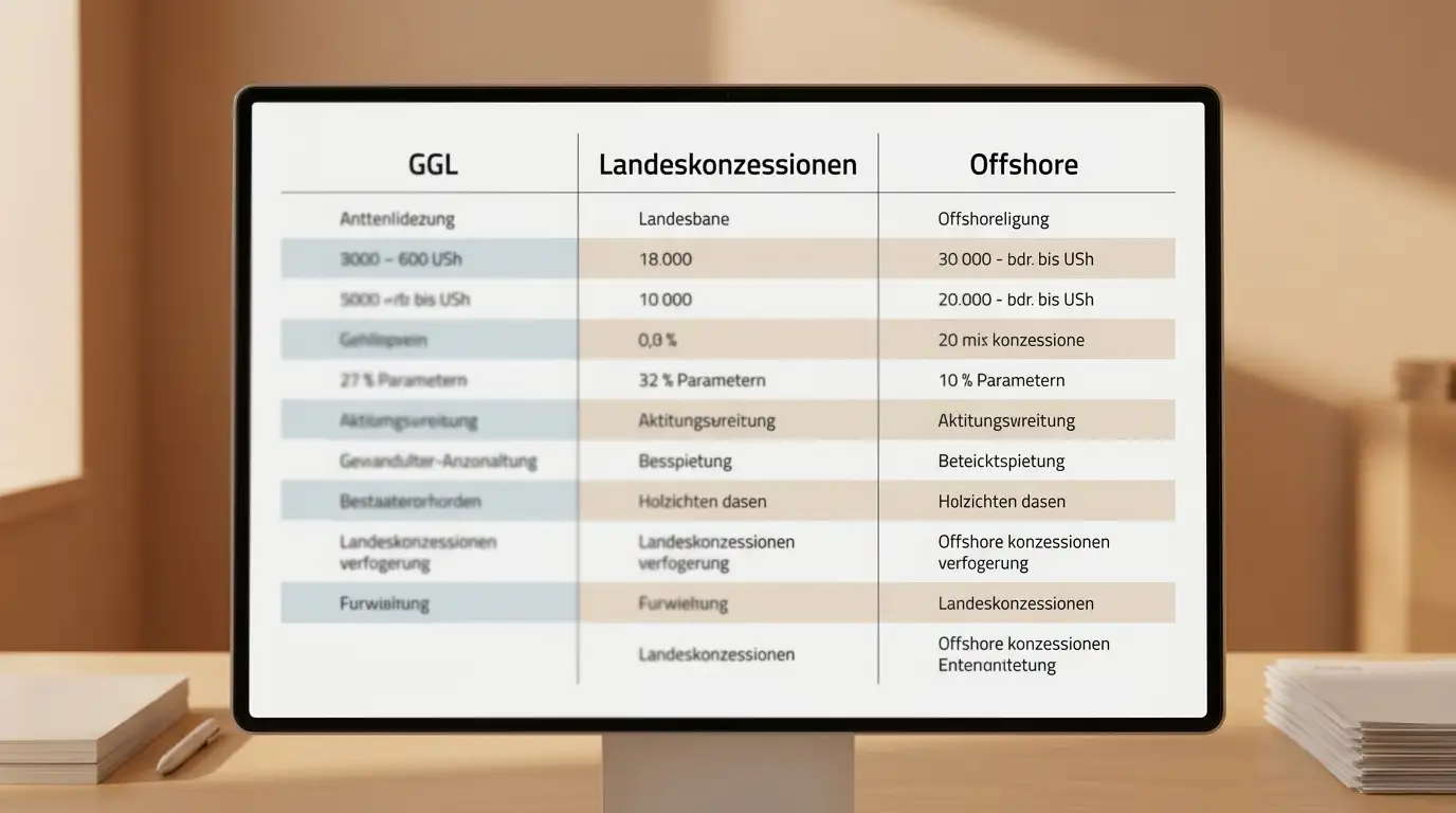 Vergleichstabelle auf Bildschirm mit drei Spalten GGL, Landeskonzessionen, Offshore