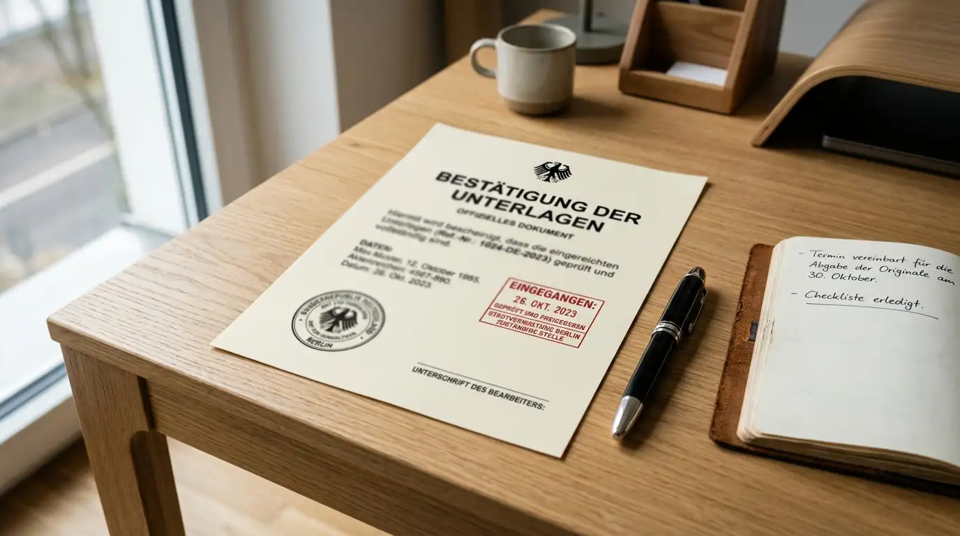 Gedruckte Lizenzdokumente und Stempel auf einem Schreibtisch