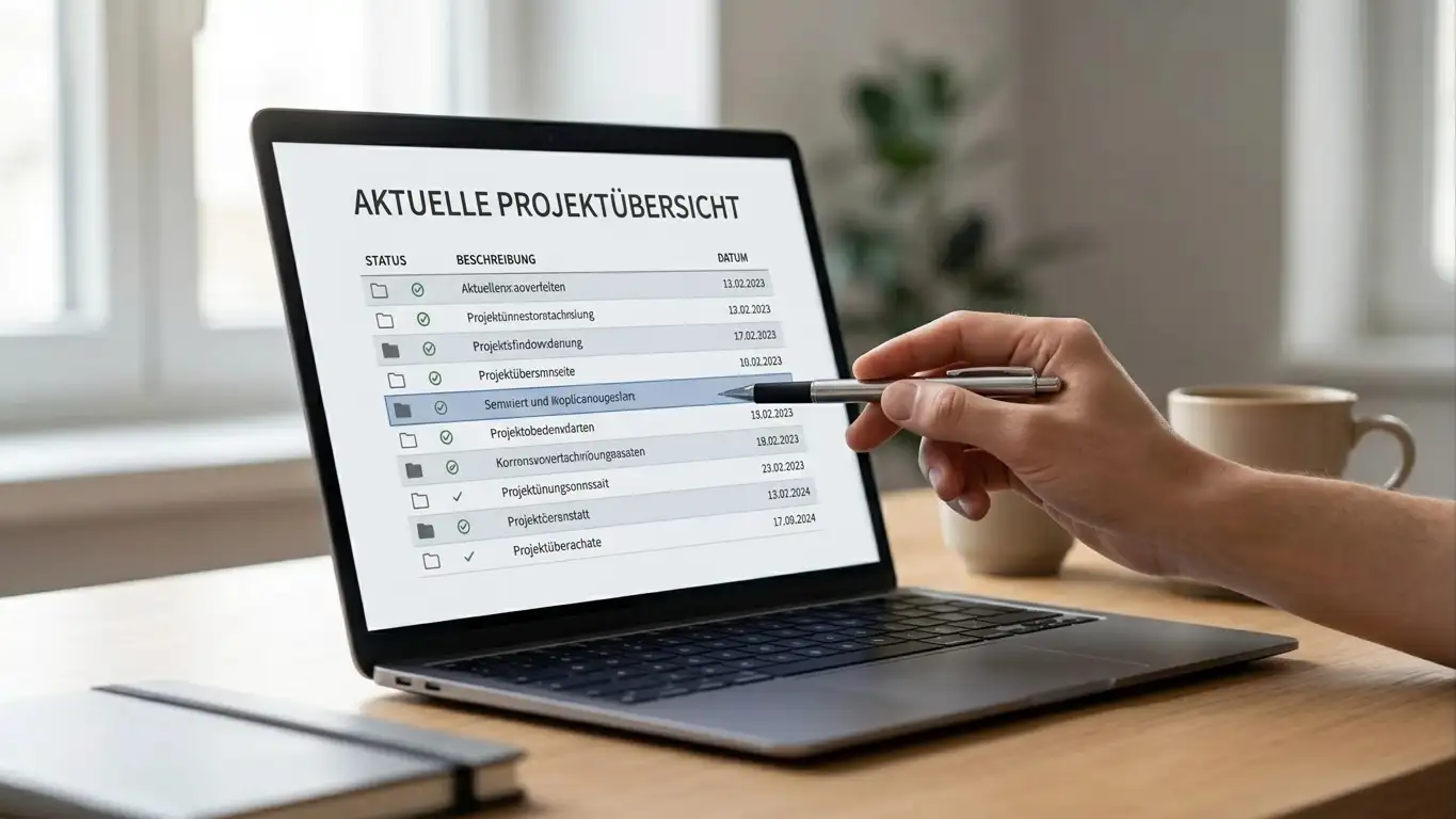 Laptop mit Liste auf dem Bildschirm, Hand zeigt mit Stift auf einen Eintrag