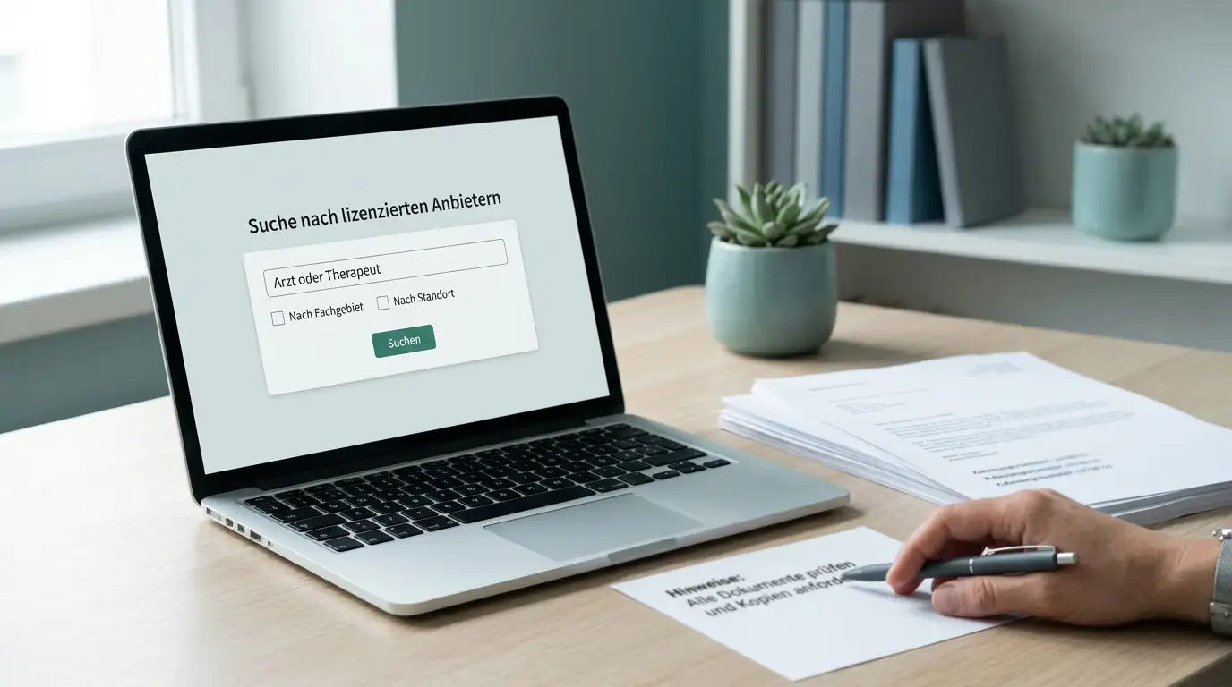 Laptop mit geöffneter GGL-Whitelist und Lupensymbol auf einer Domain