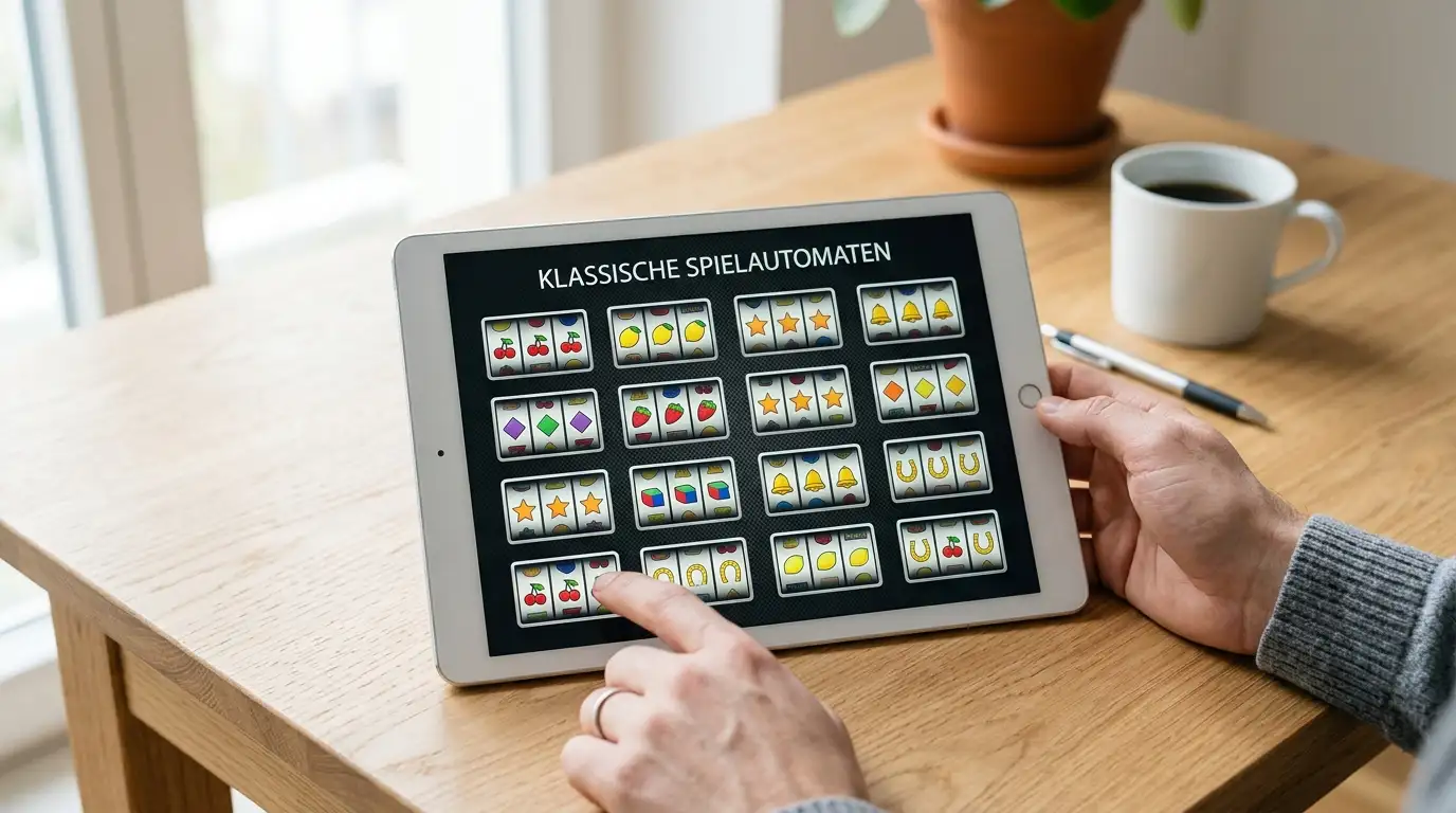 Auswahl gratis spielbarer Automatenspiele ohne Anmeldung auf einem Tablet