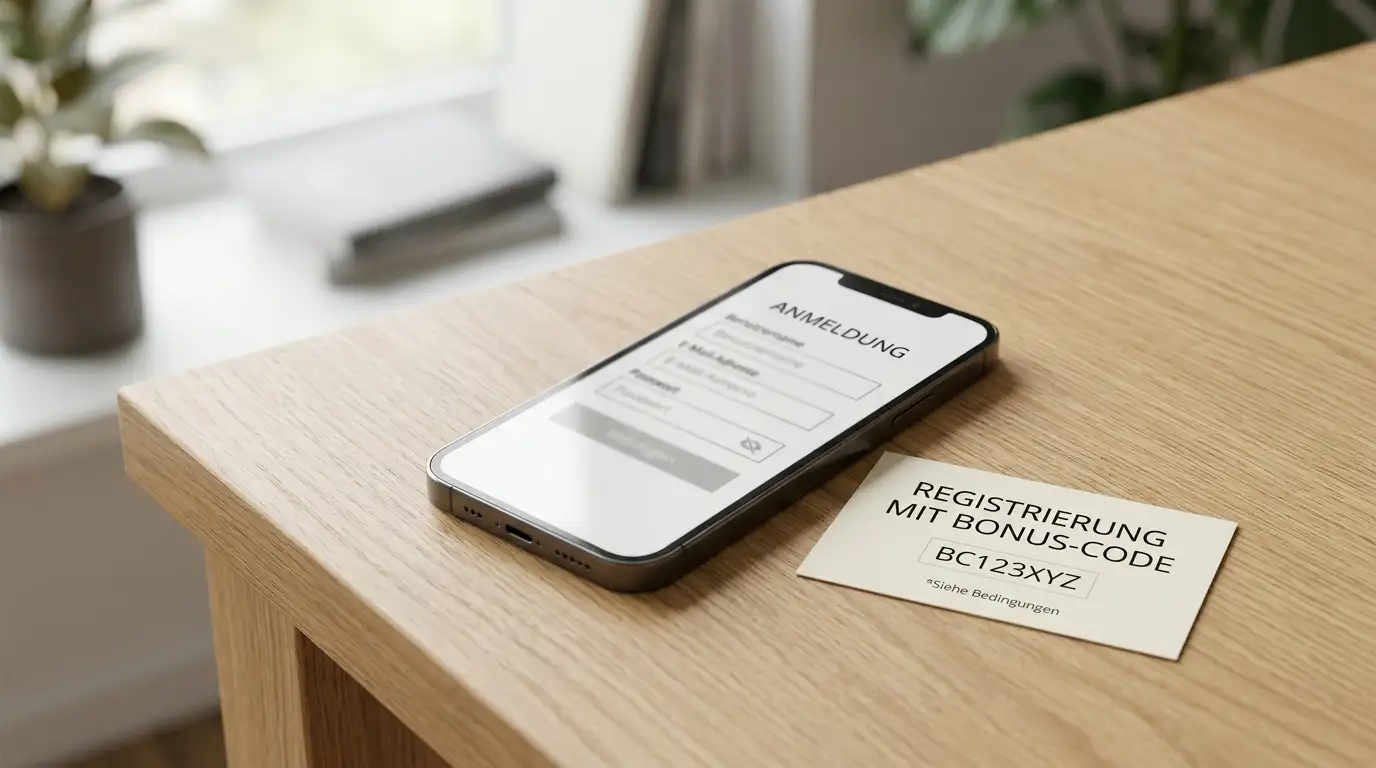 Smartphone-Display mit einer Casino-Web-App, daneben ein Bonus-Code-Zettel