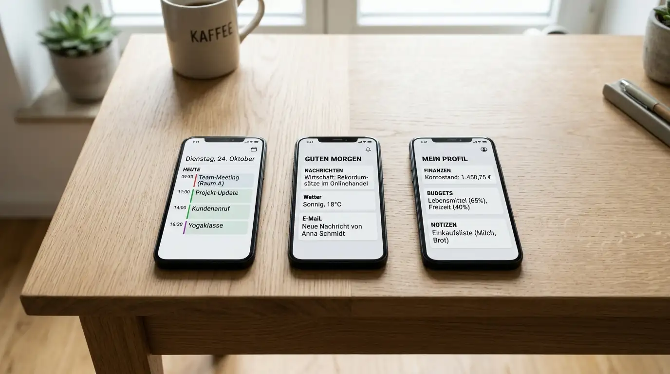 Drei Smartphones nebeneinander — eines zeigt Web-App, eines PWA, eines native App
