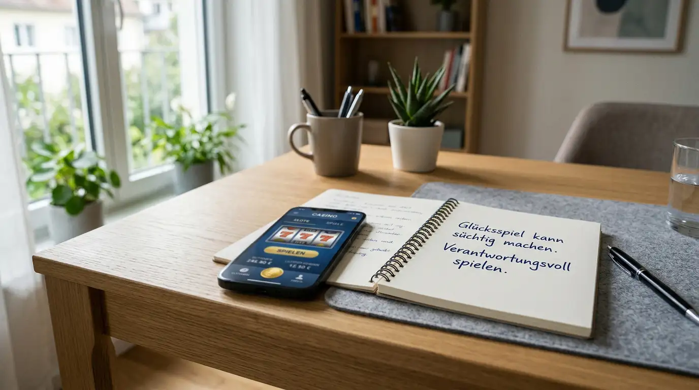 Smartphone auf einem Schreibtisch zeigt ein Casino-Interface, daneben ein Notizbuch mit Stift