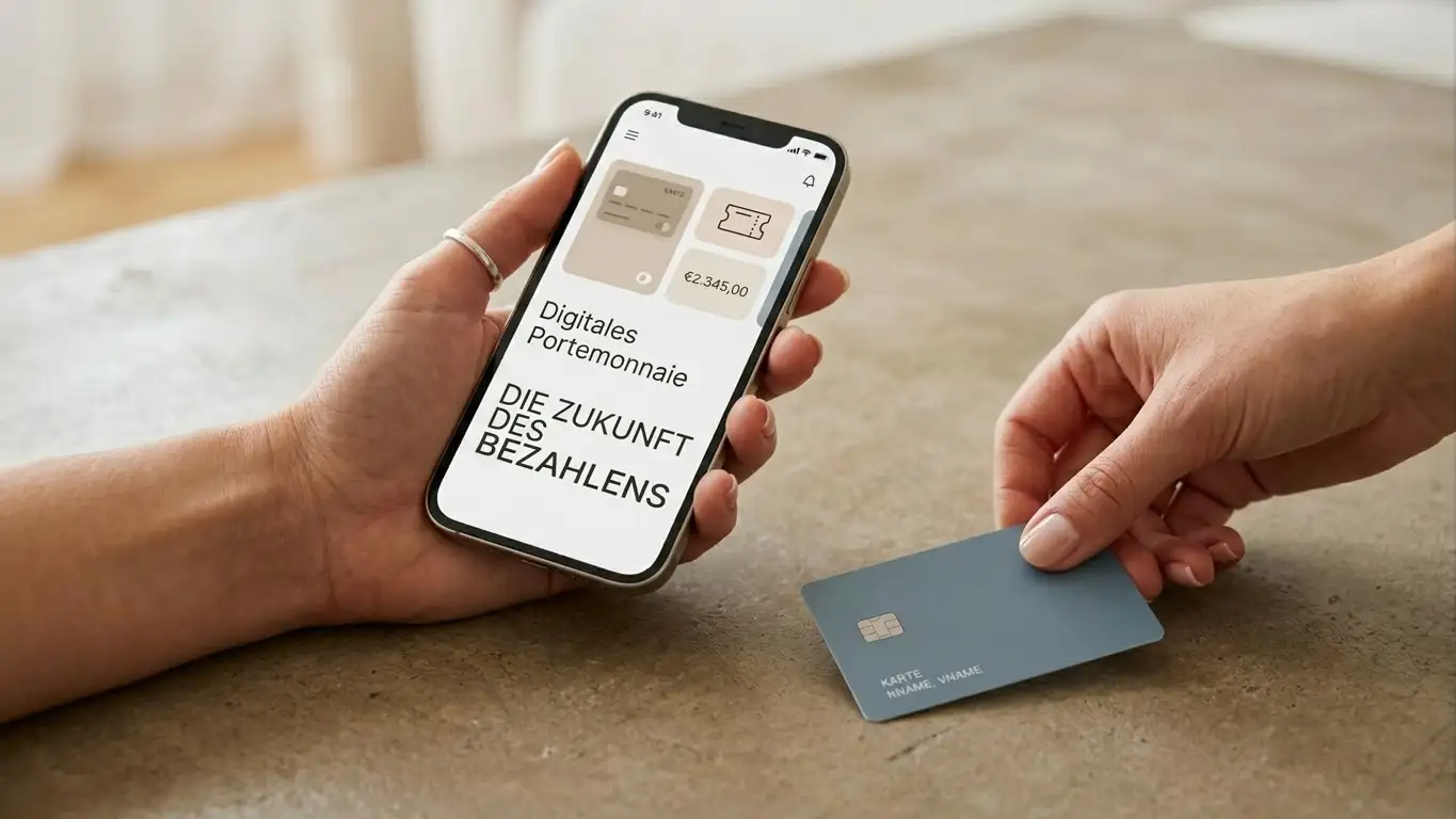 Smartphone mit mobilen Bezahl-Icons neben einer Hand, die eine Kreditkarte hält