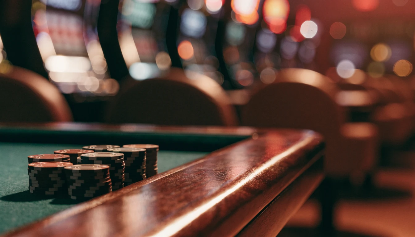 Gedämpftes Casinoambiente mit gestapelten Spielchips auf einem Filztisch