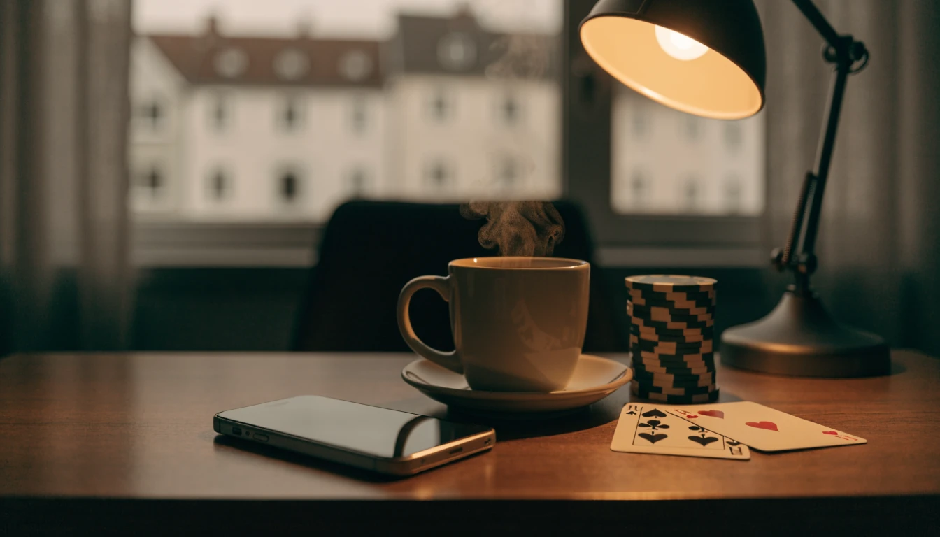 Abendlicher Schreibtisch mit Smartphone, Spielchips und Karten bei warmem Lampenlicht