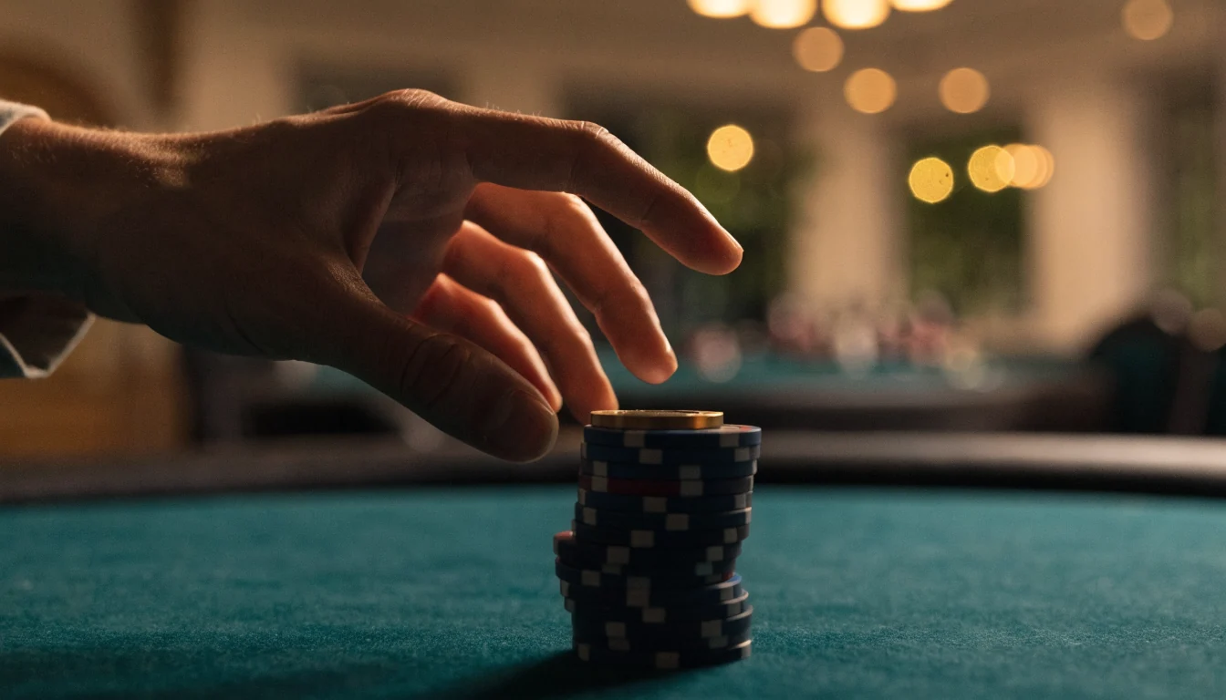 Hand greift nach Casino-Chips auf grünem Spieltisch
