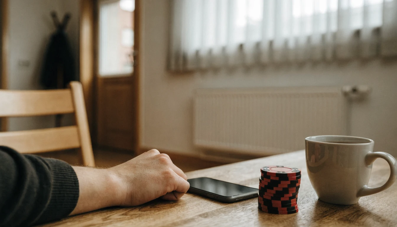 Smartphone mit Casino-Chips und Kaffeetasse auf einem Holztisch in einer deutschen Wohnung.