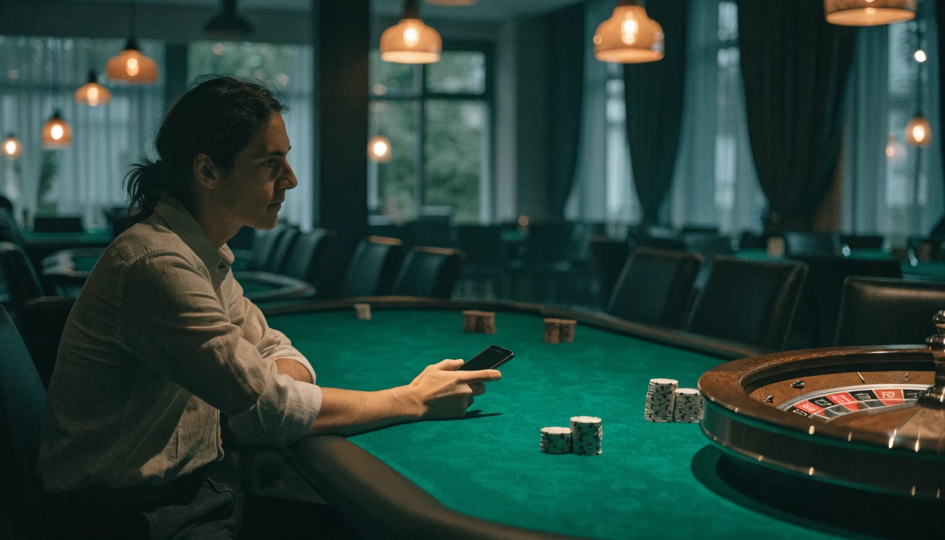 Modernes Casino-Lounge mit Pokertisch, Chips und Smartphone eines Spielers