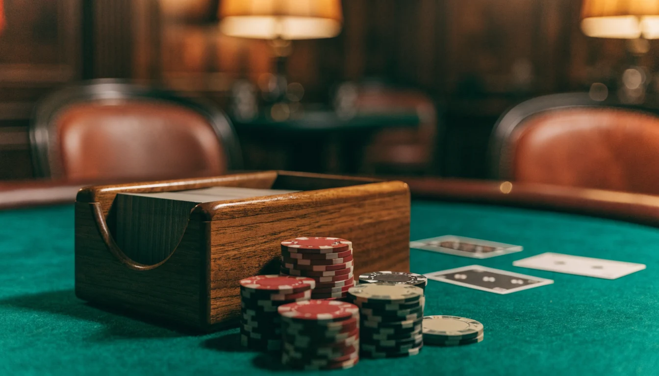 Professionelles Live-Dealer-Studio mit Blackjack-Tisch, gestapelten Chips und Kartenschuh unter warmem Licht