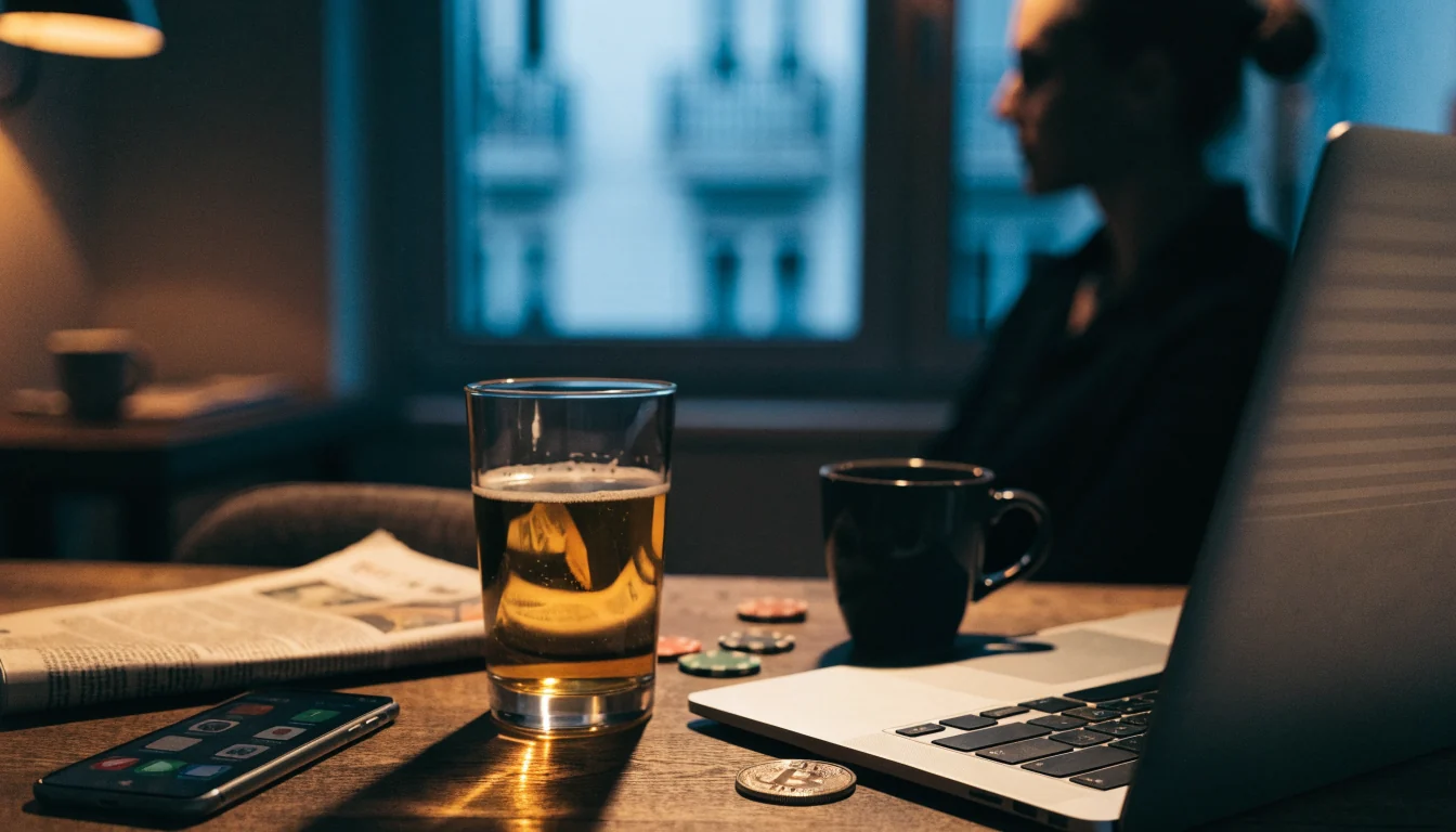 Laptop mit Bitcoin-Münze und Casino-Chips auf einem Tisch