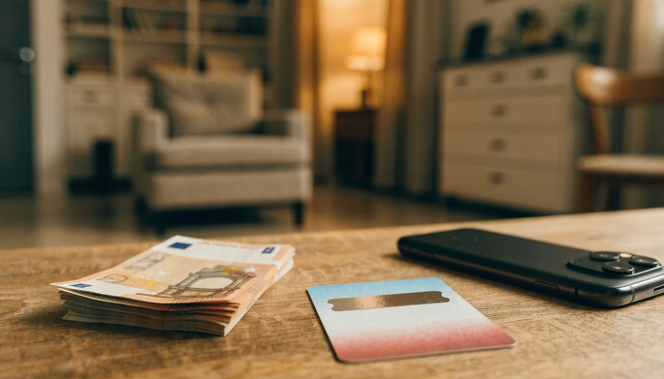 Nahaufnahme eines Tabletts mit Euro-Banknoten, einer Prepaid-CashtoCode-Karte und einem umgedrehten Smartphone auf einem Holztisch.