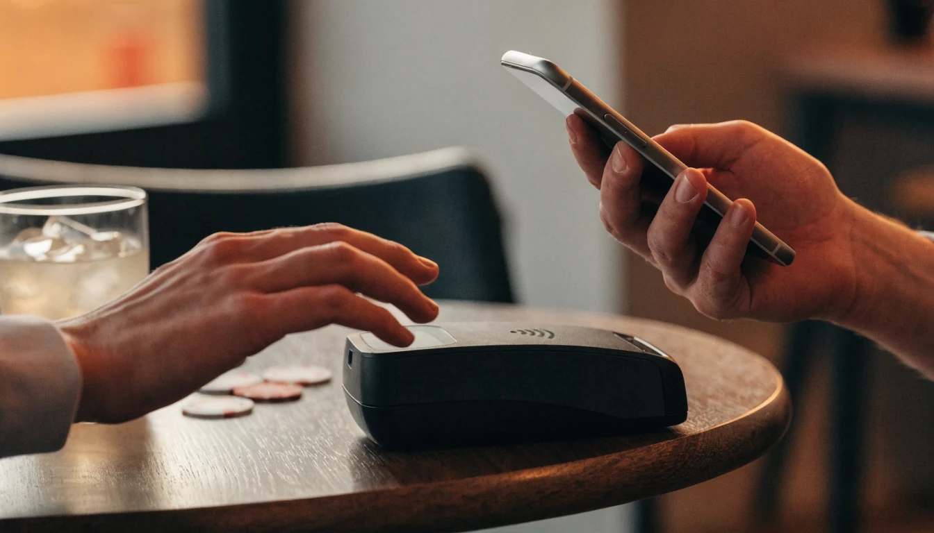 Hand hält Smartphone kontaktlos an einem Kartenterminal auf einem Tisch mit Casino-Chips.