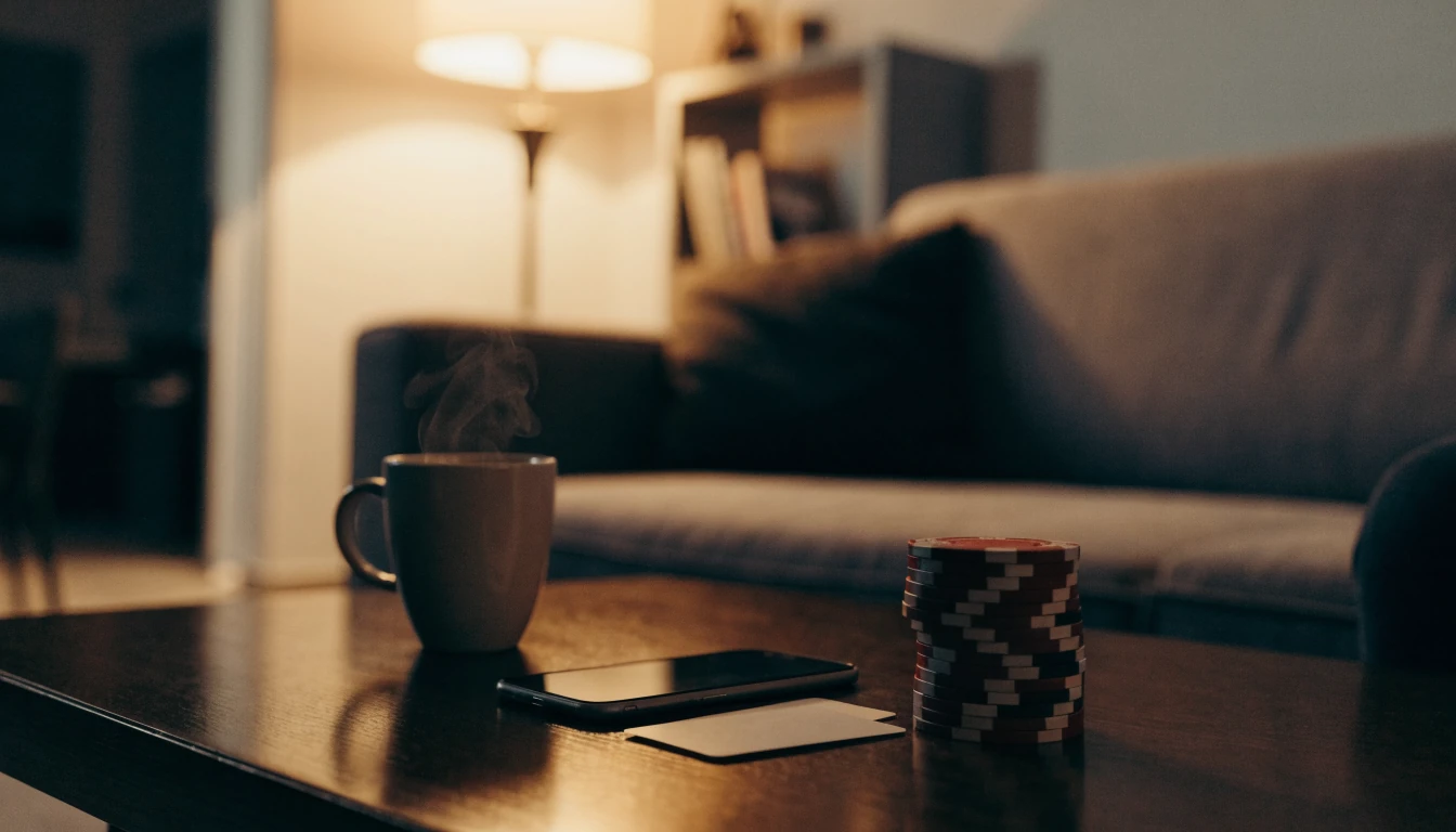 Smartphone, Pokerchips und Spielkarten auf Wohnzimmertisch in modernem deutschen Apartment bei warmem Abendlicht.