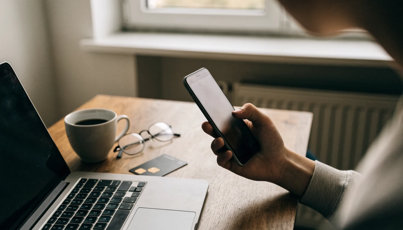 Smartphone und EC-Karte auf einem Schreibtisch zu Hause
