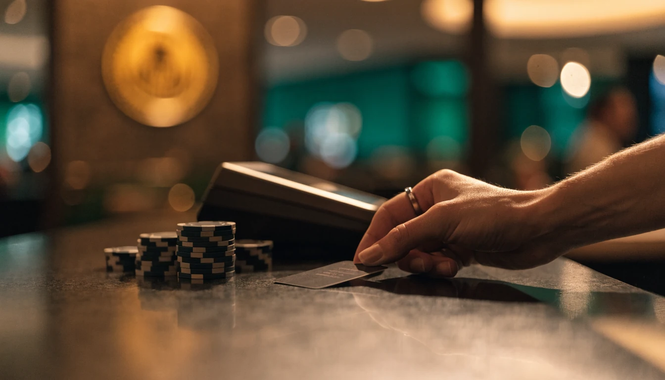 Spieler legt Karte auf Kassentresen im Online-Casino mit Chips daneben.