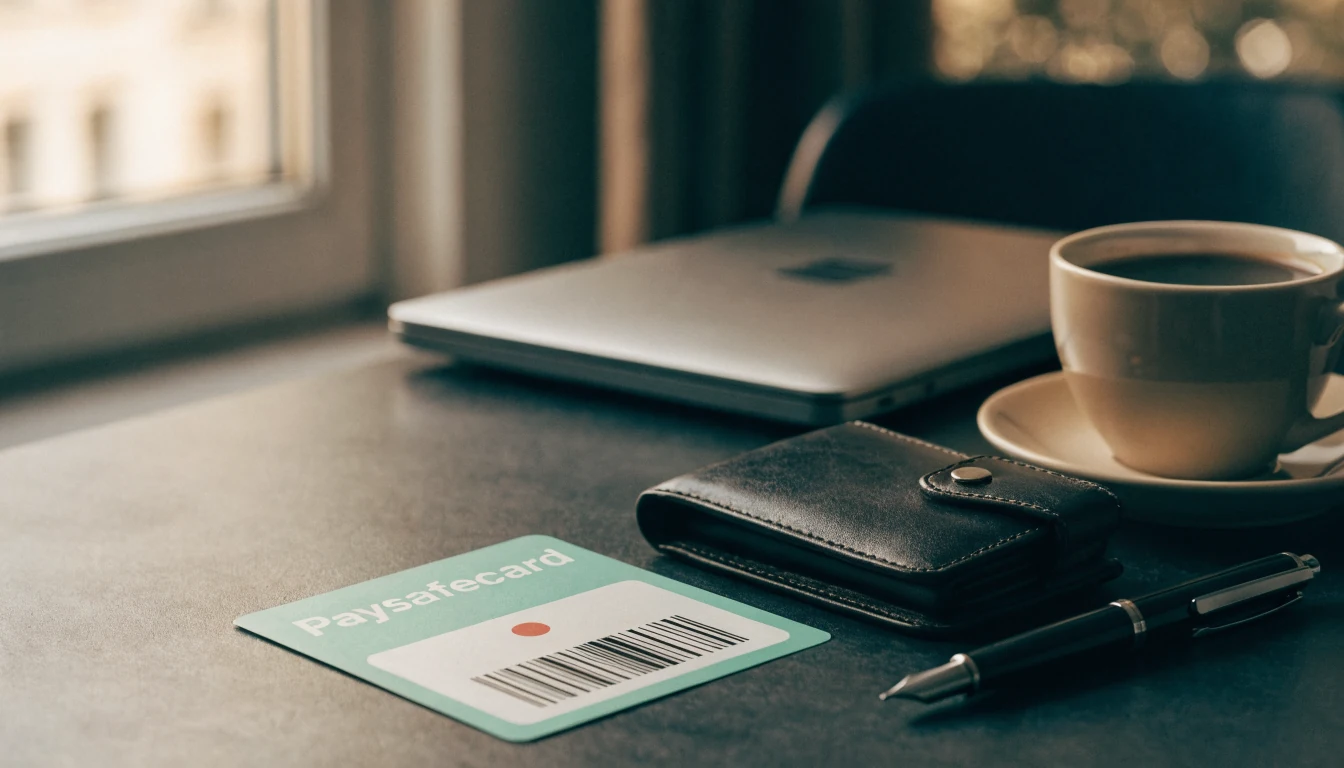 Paysafecard-Gutschein auf Schreibtisch in deutschem Homeoffice