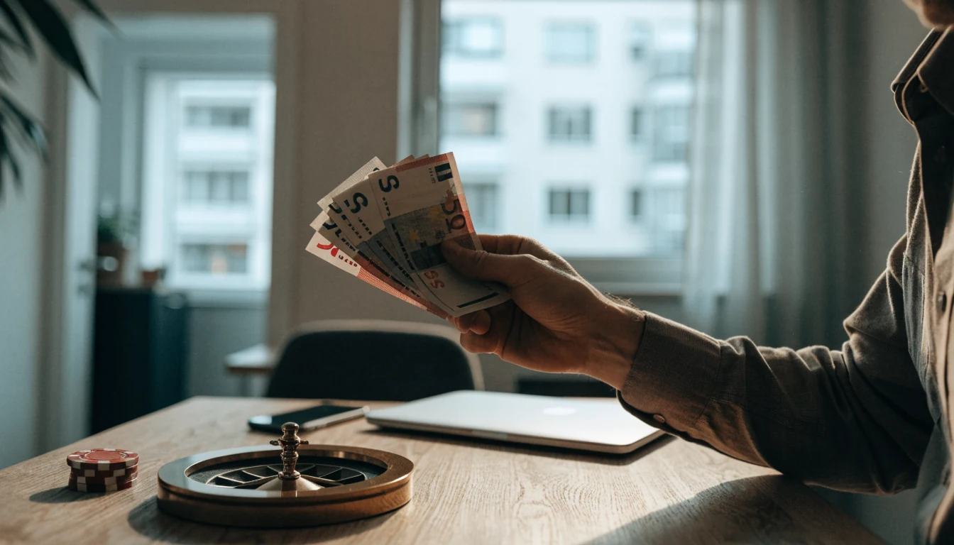 Abendlicher Schreibtisch mit Laptop, Smartphone, Roulette und Spielchips