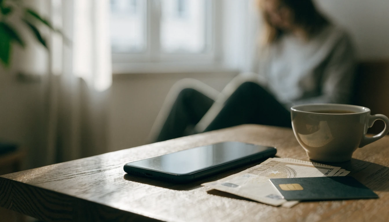 Smartphone mit Geldscheinen und Bankkarte auf Holztisch