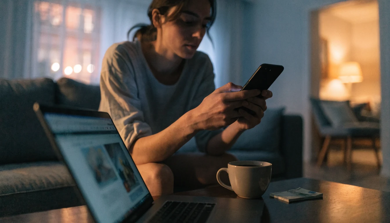 Person mit Smartphone auf der Couch, Laptop und Euro-Scheine auf dem Tisch
