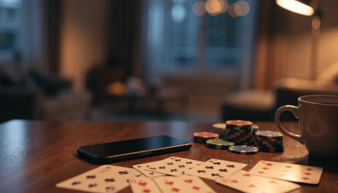 Smartphone und Casino-Chips liegen abends auf einem Holztisch.