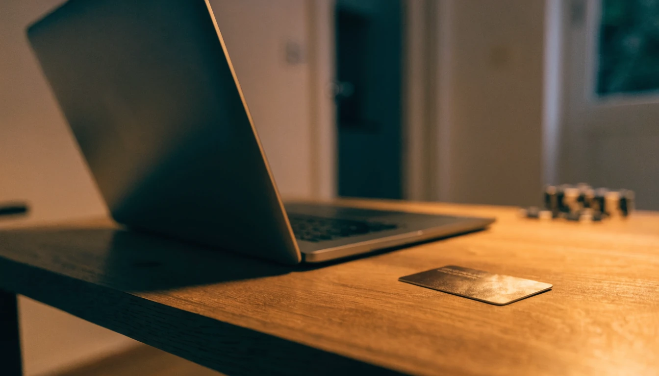 Kreditkarte und Casino-Chips auf einem Schreibtisch neben einem Laptop
