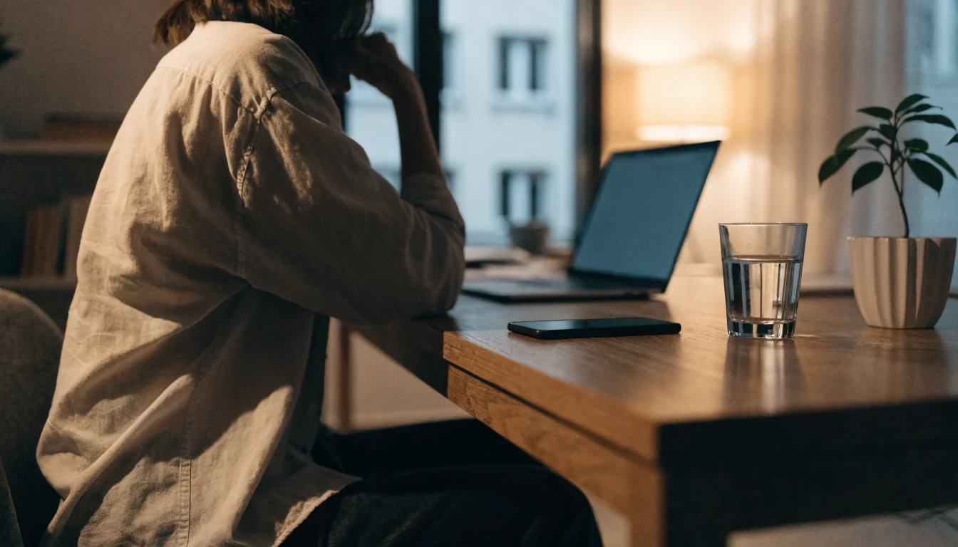 Person entspannt am Schreibtisch mit Smartphone und Laptop im warmen Abendlicht einer Wohnung.