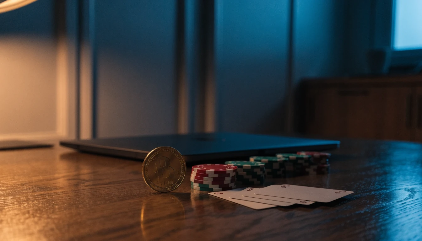 Goldene Kryptomünze neben Casino-Chips auf dunklem Schreibtisch