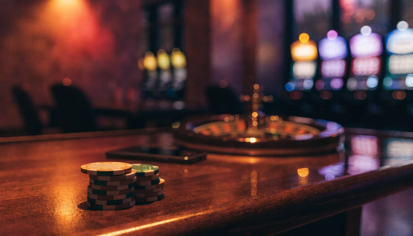 Stimmungsvoll beleuchteter Casino-Tisch mit Pokerchips und Roulette-Rad