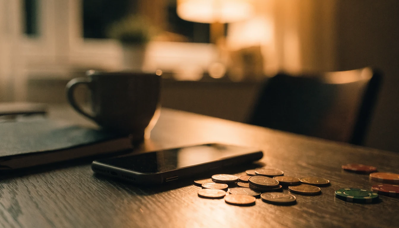 Münzen und Casino-Chips neben einem Smartphone auf einem Holztisch