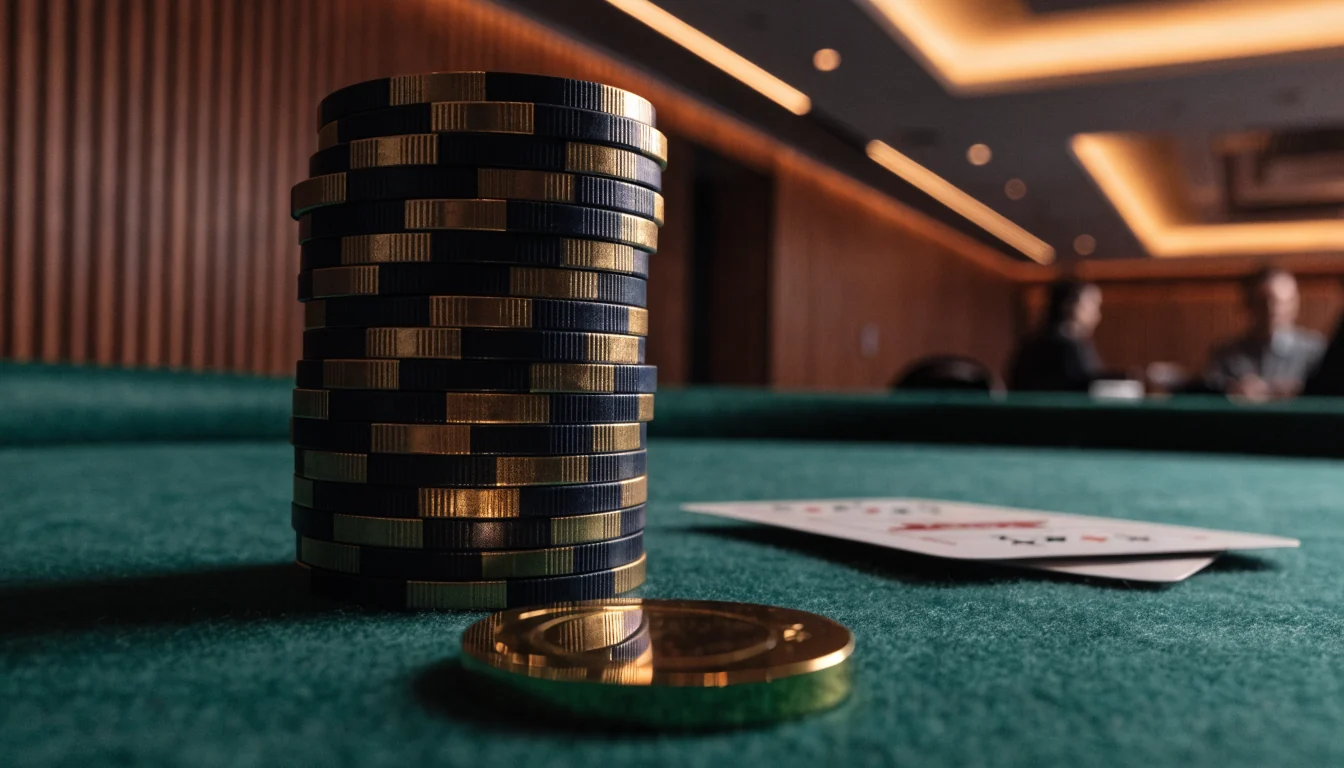 Stapel goldener Casino-Chips und Spielkarten auf grünem Filz unter warmem Licht