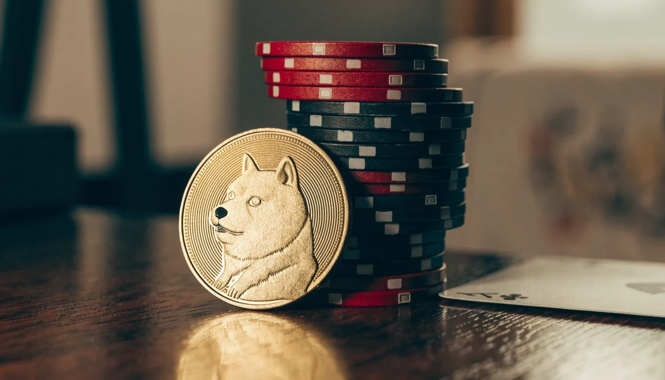 Goldener Dogecoin-Münze mit Casino-Chips und Spielkarte auf dunklem Schreibtisch