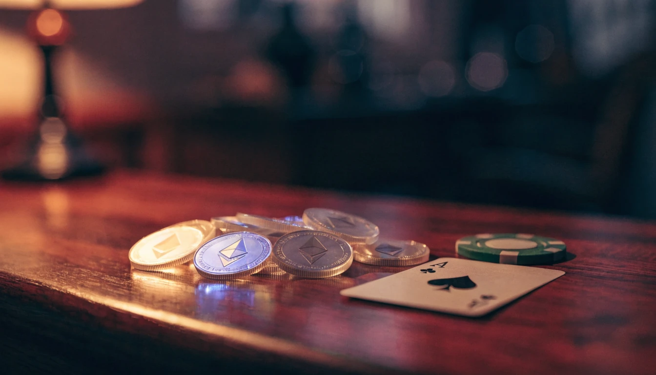 Ethereum-Münzen, Casino-Chip und Spielkarte auf einem Holztisch