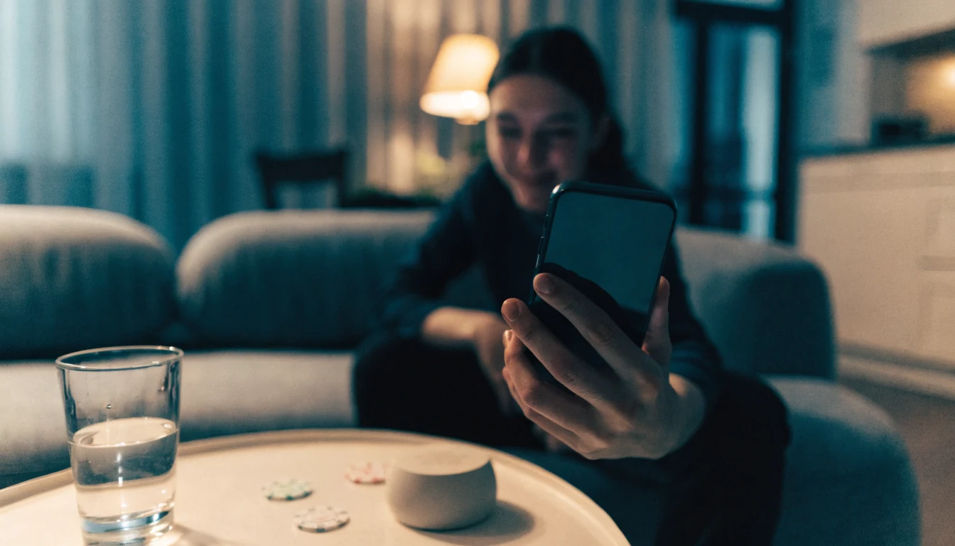 Person auf der Couch mit Smartphone und Casino-Chips auf dem Tisch