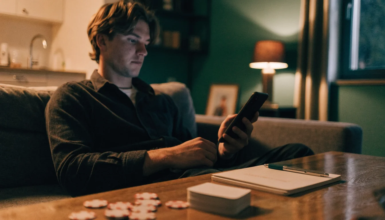 Mann auf Sofa mit Smartphone und Casino-Chips auf dem Tisch